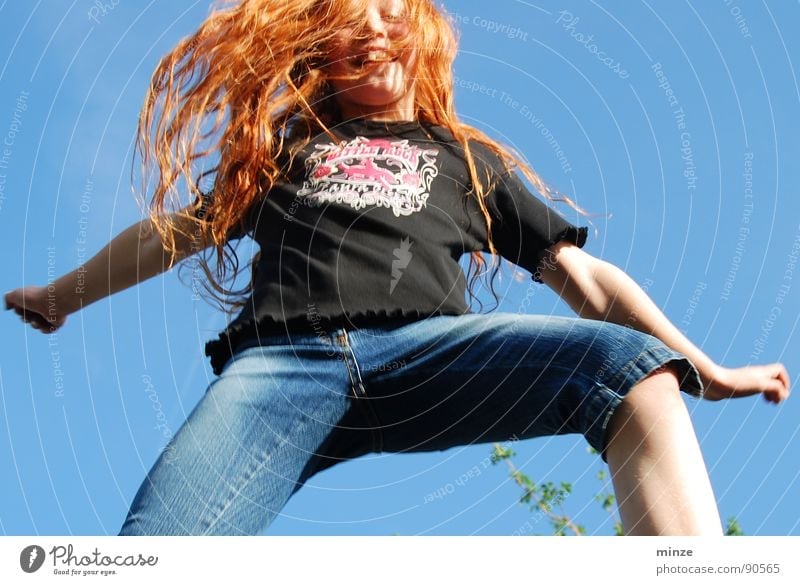 Dana_5 Long-haired Red-haired Jump Trampoline Girl Summer Hop Tall Youth (Young adults) Hair and hairstyles Curl Joy Movement Sky Power Fitness Level