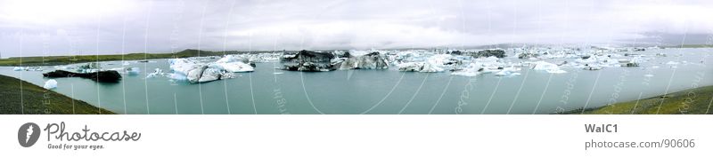 Panorama on the rocks Iceland Scandinavia Glacier Mountain lake Iceberg Weathered Exhaust gas Meadow Clouds Panorama (View) White Cold Rough Waves Deserted