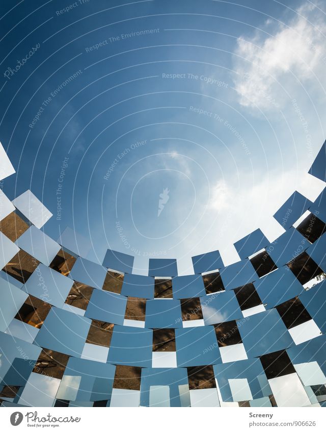Wall Of Q Sculpture Sky Clouds Summer Park Stand Tall Blue White Power Protection Attachment Colour photo Exterior shot Deserted Day Light Shadow Reflection
