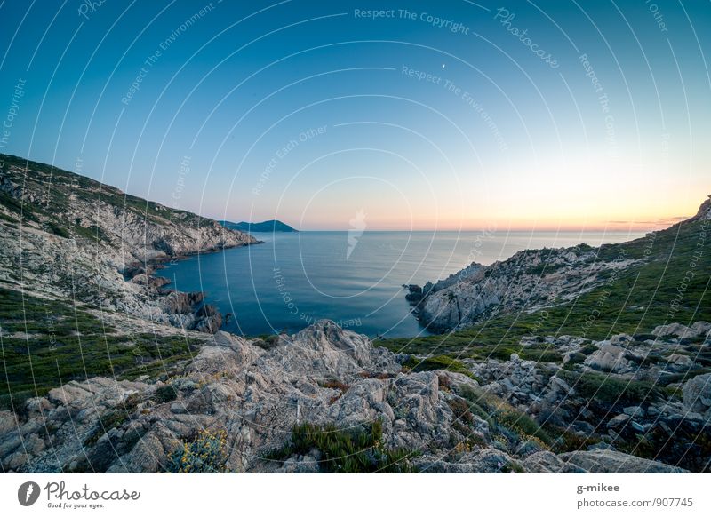 Blue hour Nature Landscape Earth Air Water Sunrise Sunset Rock Far-off places Free Large Infinity Island Corsica Mediterranean sea Ocean Colour photo