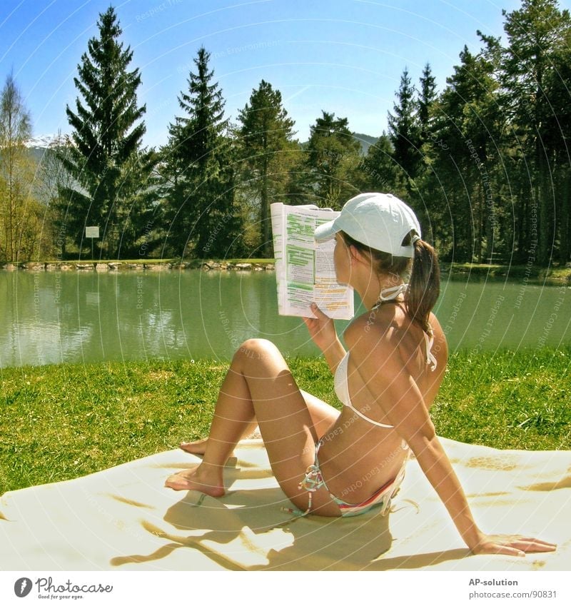 Learning at the lake Bikini Woman Spring Summer Well-being Sun Sky blue Spring fever Emotions Style Federal State of Tyrol Spirited Sunbathing Joy Puberty