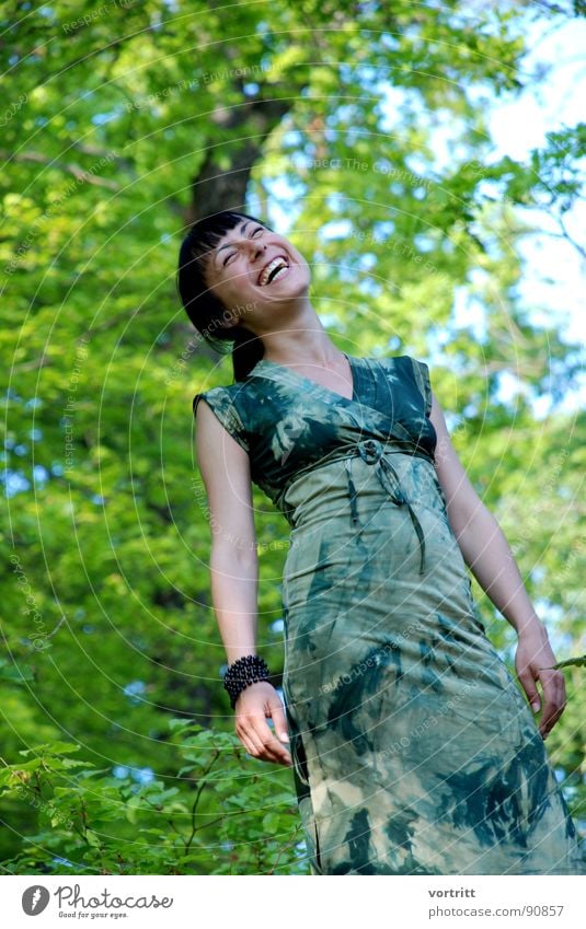elf in camouflage suit Beautiful Woman Forest Tree Green Dress Happiness Feminine Joy Spring Elf Sky Laughter Princess Human being