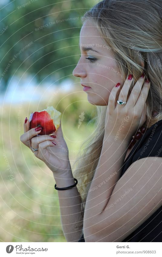 apple season Apple Beautiful Young woman Youth (Young adults) Woman Adults Sister 1 Human being 13 - 18 years Child Ring Blonde Long-haired Think Eating Red