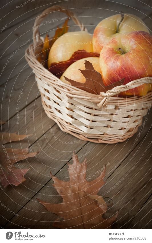 autumn Apple Mature Autumn Autumnal Harvest Holiday season Basket Retro Vintage Wood Oak leaf Wicker basket Brown Dried Shriveled desaturated Wooden floor Fruit