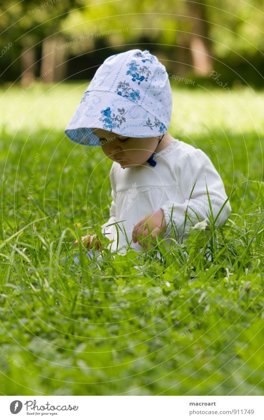 inquisitiveness Curiosity Child Baby Toddler Girl Cap Grass Meadow Sit Discover Looking Feminine Green Summer Spring Exterior shot Nature