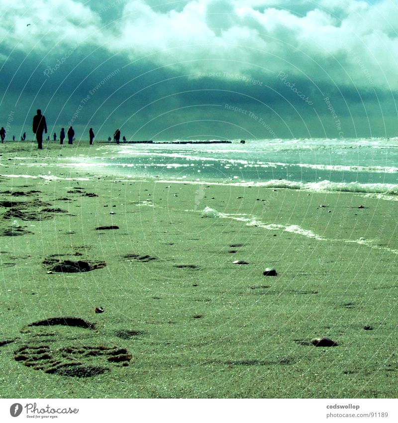 beachcombers Footprint Beach Pebble Waves Foam Clouds Coast Germany Sand pebbles north sea cloudy walk To go for a walk