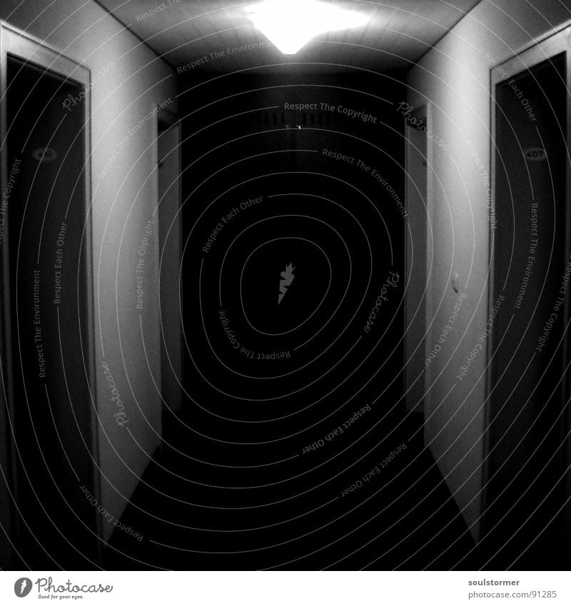 The light in the middle of the tunnel... Black White Tunnel Light Hallway Lamp Dark Ambiguous Switch End Left Right Room Fear Panic Black & white photo Door