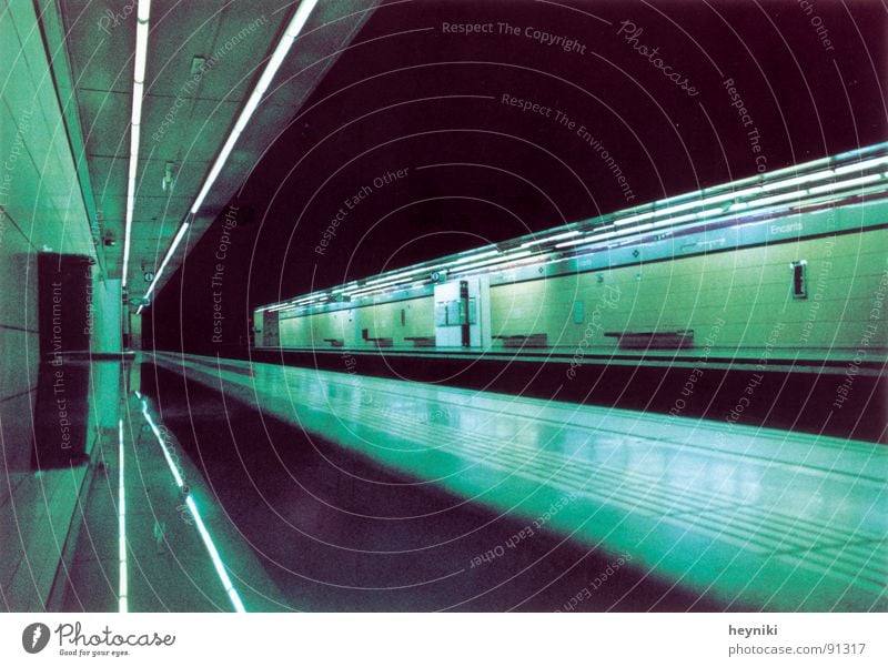 2020 Underground Graphic Green Neon light Vanishing point Tunnel Train station Colour Line tunnels Bench Wait Science Fiction