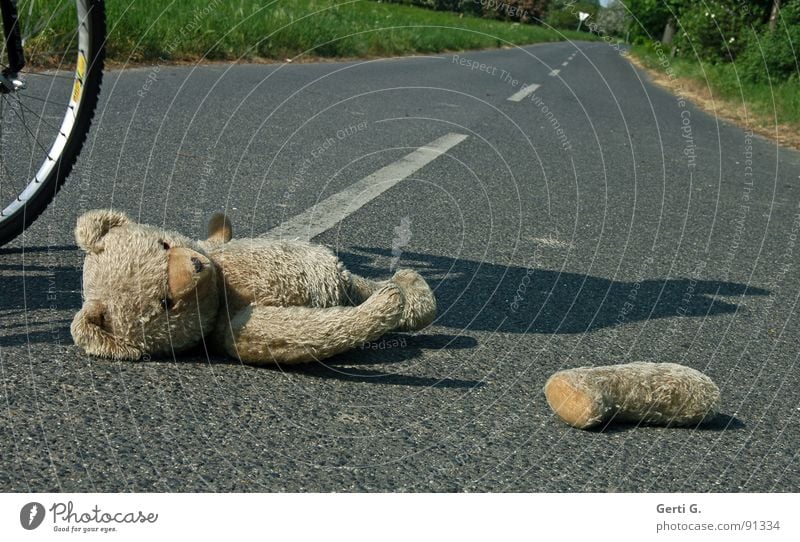 simulation Accident Voyeuristic First Aid Traffic accident Middle of the road Bicycle Bicycle tyre Tracks Teddy bear Toys Cuddly toy Doomed Roadside Dangerous