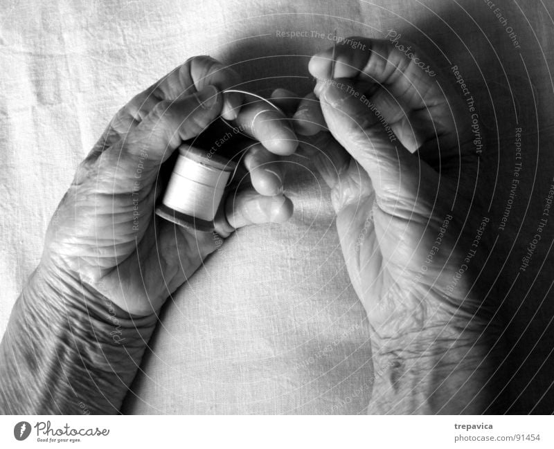 sew II Sewing Hand Work and employment Man Black White Coil Woman Senior citizen Craft (trade) Black & white photo Sewing thread hands fingers Human being