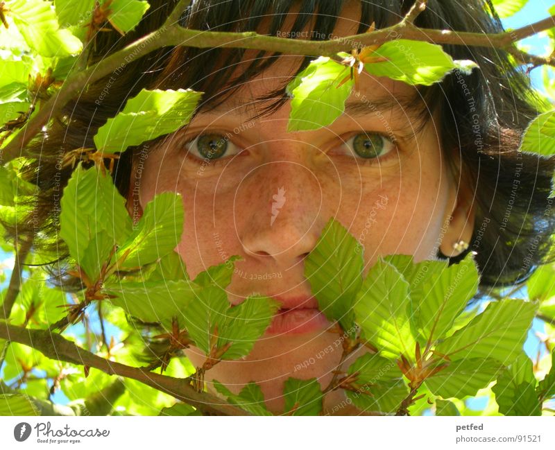 Jungle Child I Green Leaf Emotions Spring Face Eyes Hiding place Calm Branch