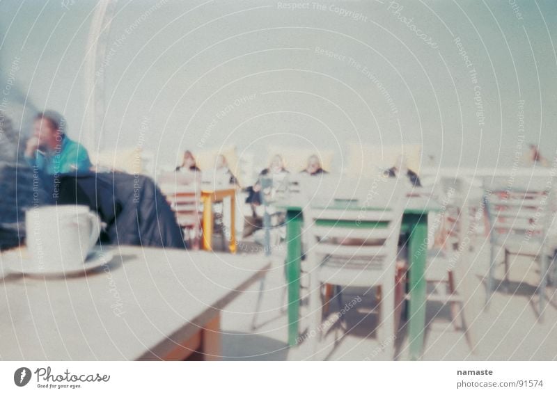 in search of the perfect photograph 2 Netherlands Ocean Beach Soft Turquoise Sunshade Horizon Beach café Cup Chair reduced color Sand Human being
