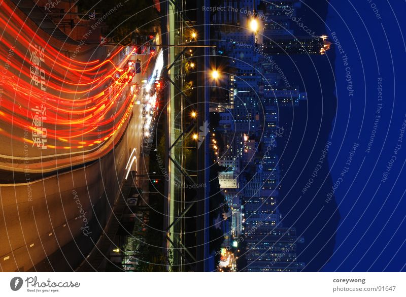 night road, split in colour Split Hongkong Town Light Downtown Long exposure lines red cold and warm beam ray car bridge curve blue dynamic motion silent
