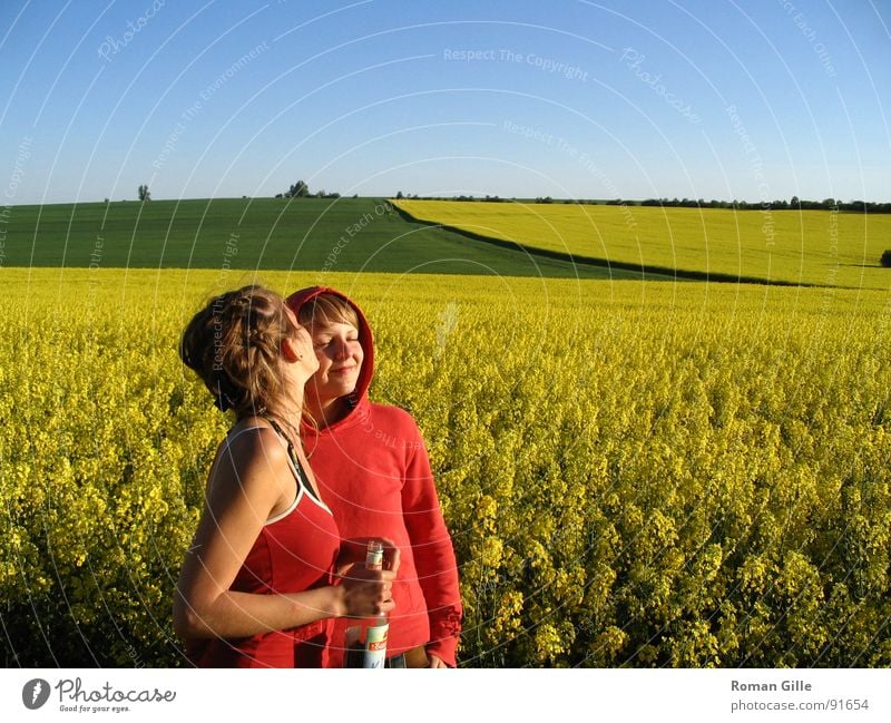 tell me the good things.. Field Yellow Canola Contentment Kissing Friendliness Exterior shot Spring Sky Clarity Blue Plant Calm maize jump Freedom Nature Summer