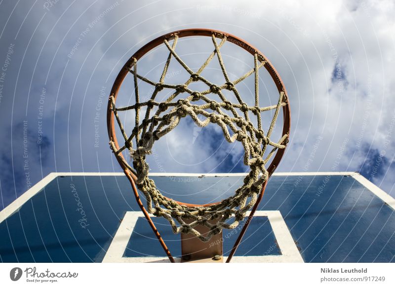 basketball hoop Joy Basketball Sports Summer Ball sports Basketball basket Sky Clouds Beautiful weather Knot Playing Jump Tall Athletic Blue White