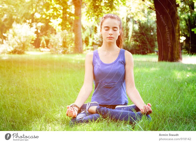 meditation Lifestyle Healthy Wellness Relaxation Meditation Summer Yoga Human being Feminine Woman Adults Youth (Young adults) 1 Nature Park Meadow Sit Positive