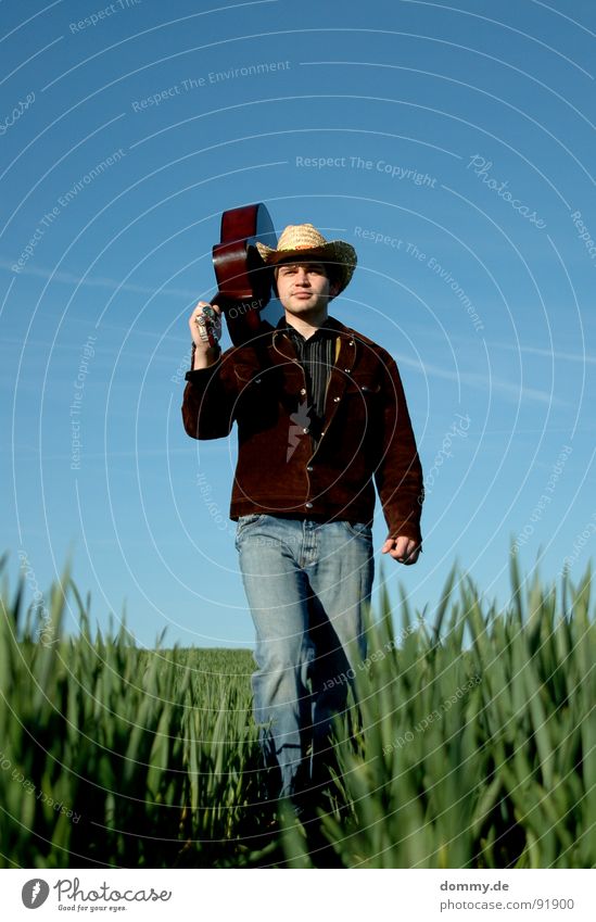 YEEHAA Cowboy Fellow Man Grass Summer Spring Livestock Herdsman Jacket Buckskin Shirt Cowboy hat Straw Straw hat Playing Music Sound Acoustic Buttons Hand
