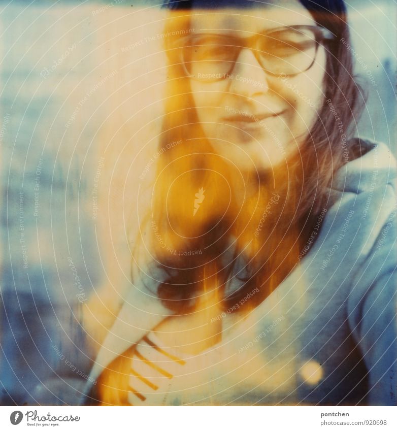 Polaroid shows smiling woman with glasses at the sea. Light spots. Vacation & Travel Feminine Woman Adults 1 Human being 18 - 30 years Youth (Young adults)