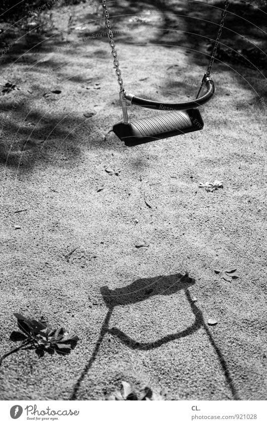 playground Leisure and hobbies Playing To swing Playground Swing Sand Calm Loneliness Infancy Black & white photo Exterior shot Deserted Day Light Shadow