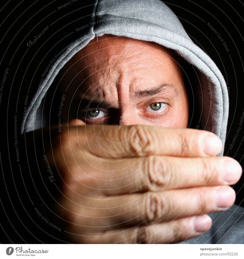 Big hand (2) Portrait photograph Man Freak Hand Large Whimsical Crazy Humor Sweater Earnest Hiding place Joy Looking Funny Eyes Hooded (clothing) Hide Bizarre