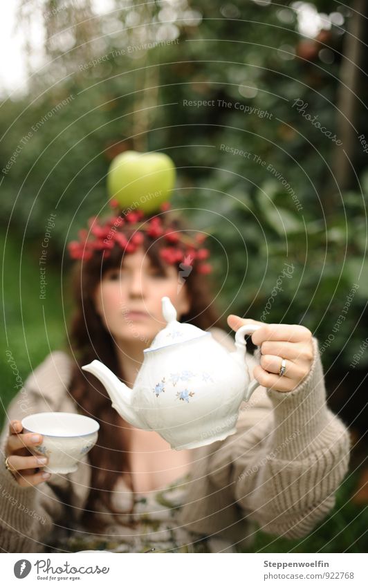Teatime in Wonderland Young woman Youth (Young adults) Woman Adults Contentment wonderland Apple Apple plantation Porcelain tea service Old fashioned Surrealism