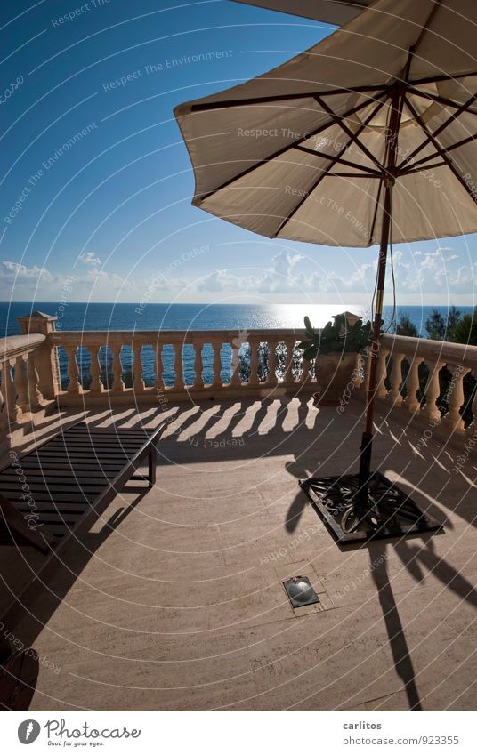 Licence to Chill Air Water Sky Sunlight Summer Warmth Coast Relaxation Dream Vantage point Far-off places Horizon Terrace Balcony Handrail Column Sunshade