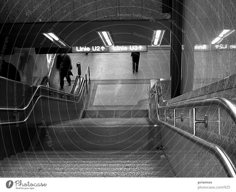 Subway exit Underground Escalator Transport Architecture departure Underpass Stairs Black & white photo
