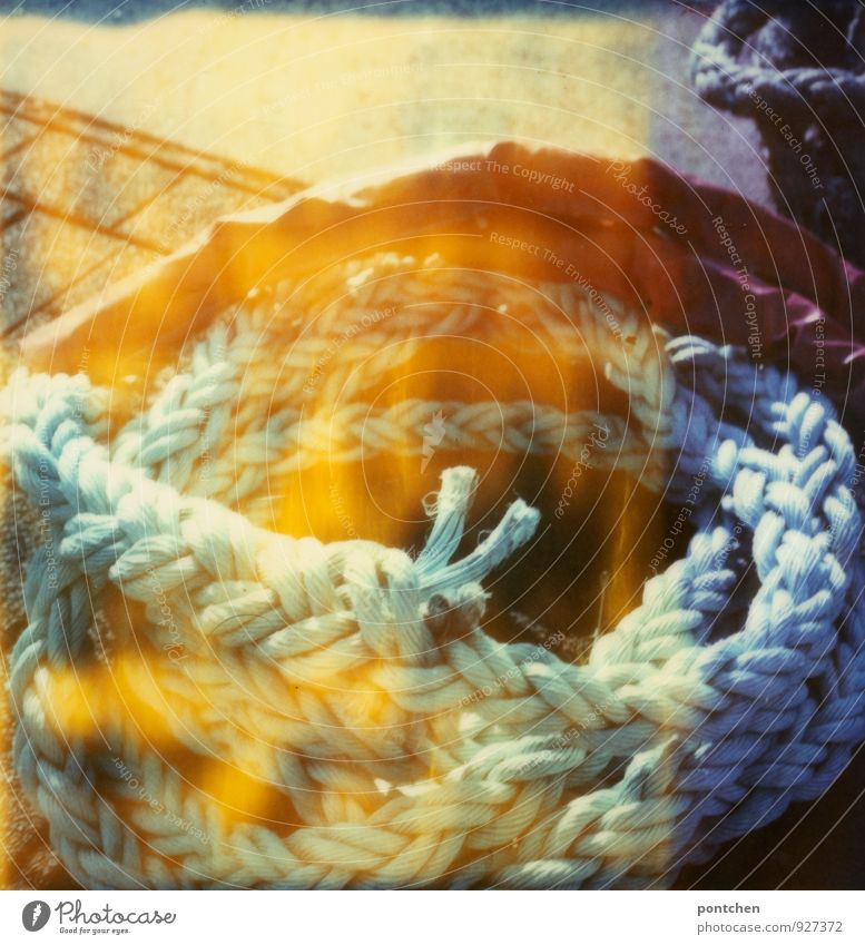 Polaroid. Blue ship's rope in the sun. Bright colours. Work and employment Harbour Navigation Rope Plaited Colour photo Exterior shot Copy Space top