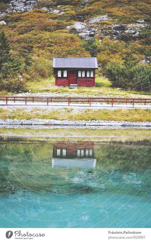 red house is reflected in the water of a Norwegian fjord Village Fishing village Small Town Port City House (Residential Structure) Detached house Simple