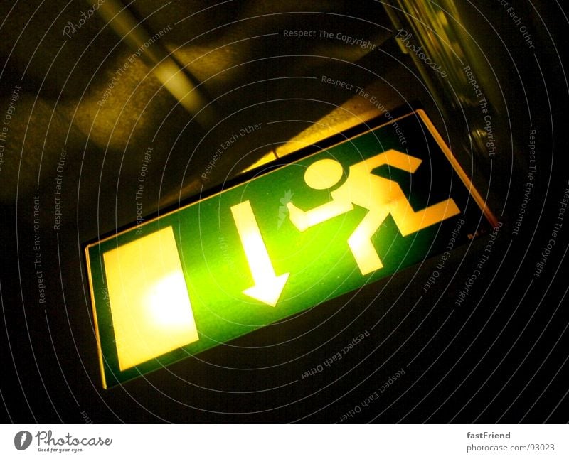 Direction life raft Exit route Light Green Alarm Dark Orientation Hope Way out Haste Fear Panic Warning label Warning sign Signs and labeling Arrow Bright Door