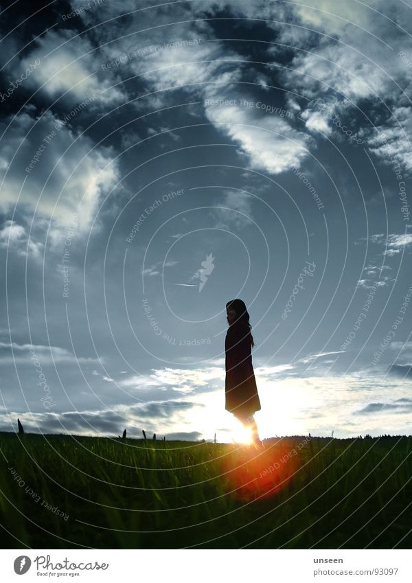 with the flow Calm Sun Woman Adults Sky Clouds Autumn Free Blue Green White Loneliness Sunset Sunlight Silhouette Cloud formation Back-light Lens flare Grass