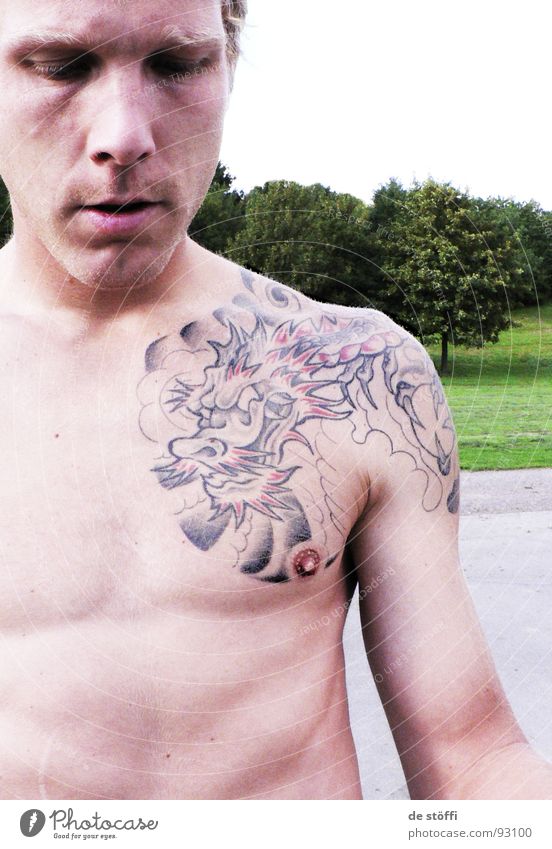 over.Nipple.decoration Summer Upper body Dragon Man Fellow Park Surface Leisure and hobbies Tattoo Image Colour Skin body jewellery no longer goes away yeah