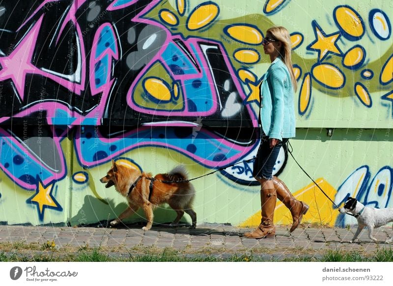 Heidi Klum goes for a walk Woman Dog To go for a walk Multicoloured Pink Cyan Yellow Painting and drawing (object) Spray Abstract Summer Leisure and hobbies