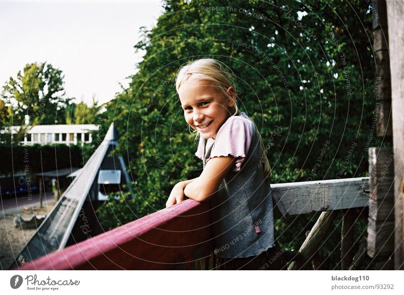 September, 001 001 Child Girl Blonde Summer Tree house Portrait photograph Innocent Green Playground Joy Laughter