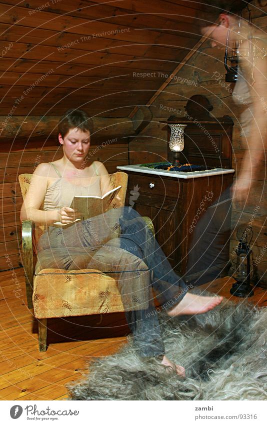 spirit Transparent Cozy Furniture Ancient Parquet floor Book Woman Armchair Candle Physics Harrowing Pelt Rustic Long exposure Motion blur Midnight