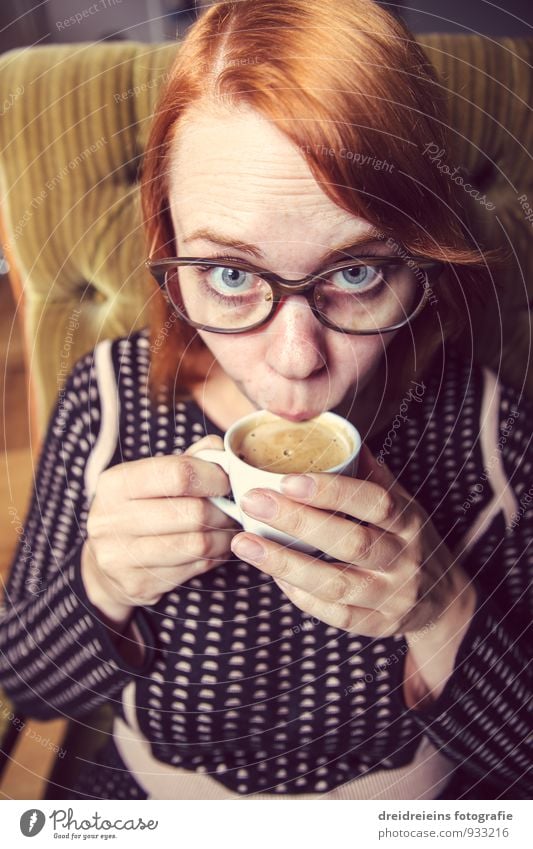 Is it good? To have a coffee Hot drink Coffee Espresso Feminine Woman Adults Eyeglasses Red-haired Sit Drinking Elegant Brash Friendliness Beautiful Eroticism