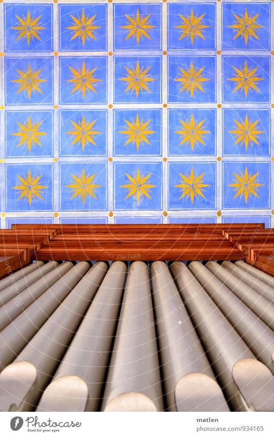 Stars...sky Deserted Church Architecture Historic Blue Brown Yellow Silver Modest Refrain Thrifty Ceiling fresco Organ pipe Religion and faith Colour photo