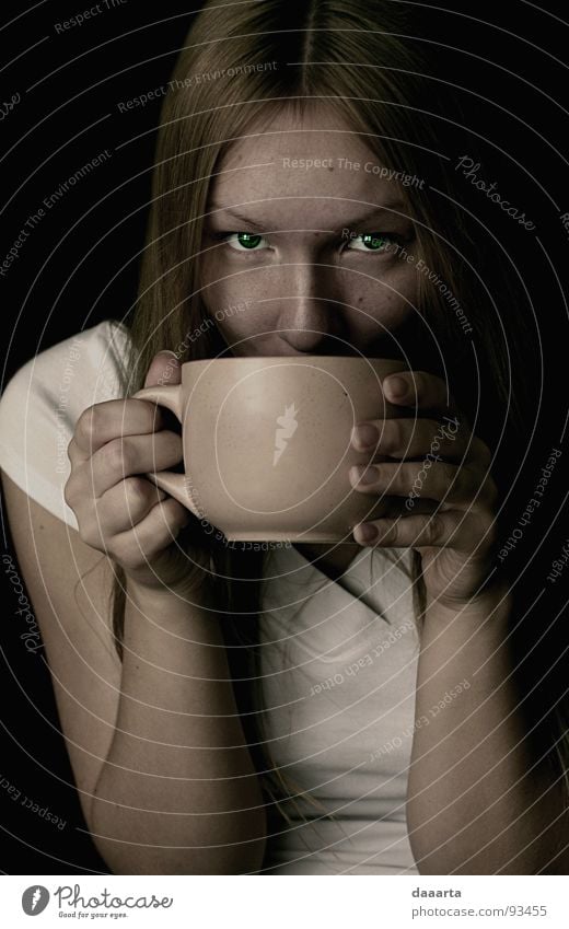tea lady Clever Portrait photograph Woman Calm Relaxation nice eyes passionate cup Coffee coffe Drinking Interior shot