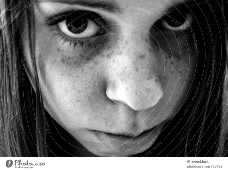 freckles Woman Freckles Portrait photograph Girl Dark Sweet Disappointment Grief Puppydog eyes Black White Distress Black & white photo Face Hair and hairstyles