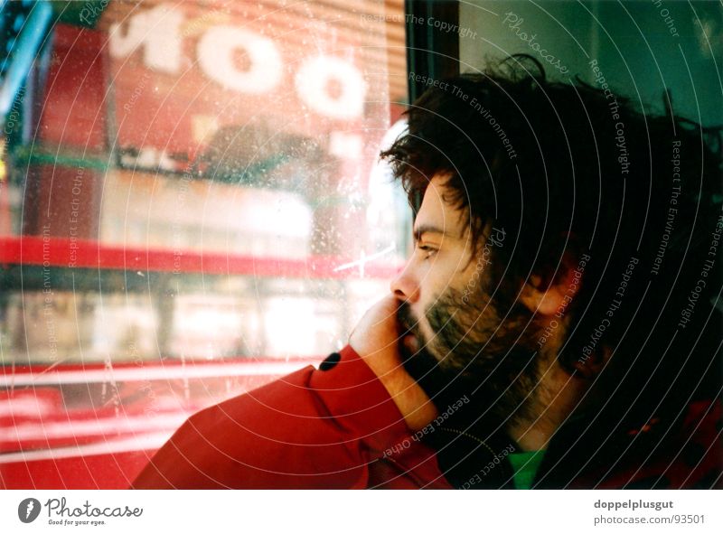 Lost in thought Self portrait Man Red Longing Vacation & Travel Town London Portrait photograph Sentimental Bus Hair and hairstyles Lomography autobiography
