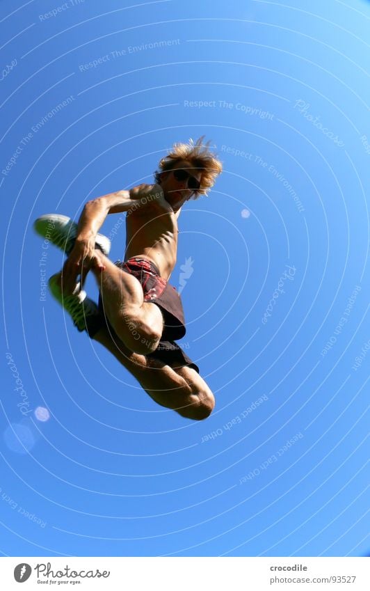 me myself and I in the sky Style Worm's-eye view Ribs Nerviness Release Posture Joy jump air Porno glasses Hair and hairstyles swimming shorts neaker Feet Legs