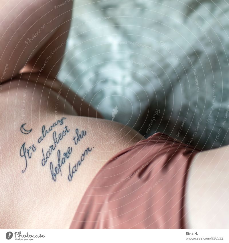 It's always darkest..... Young woman Youth (Young adults) Underwear Tattoo Lie Authentic To console Hope Skin Gooseflesh Arm Figure of speech Characters Detail