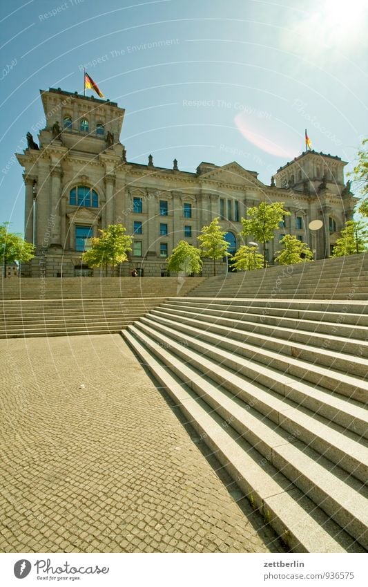 Bundestag Architecture Berlin Reichstag Capital city Seat of government Stairs Steps Sky Sun Back-light Facade Summer Government Building High-rise Deserted