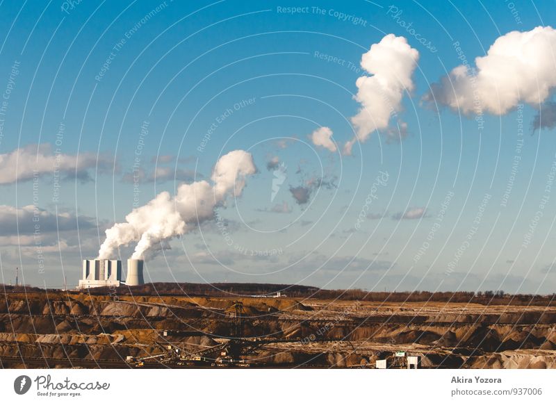 Cloud production in series Energy industry Coal power station Industry Landscape Earth Sky Clouds Touch Blue Brown White Colour photo Exterior shot Deserted