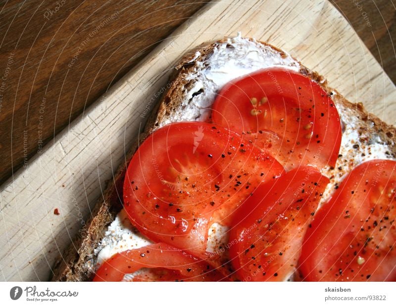 tomatoes on bread Food Vegetable Bread Herbs and spices Nutrition Breakfast Lunch Dinner Vegetarian diet Healthy Table Gastronomy Wood Simple Good Delicious
