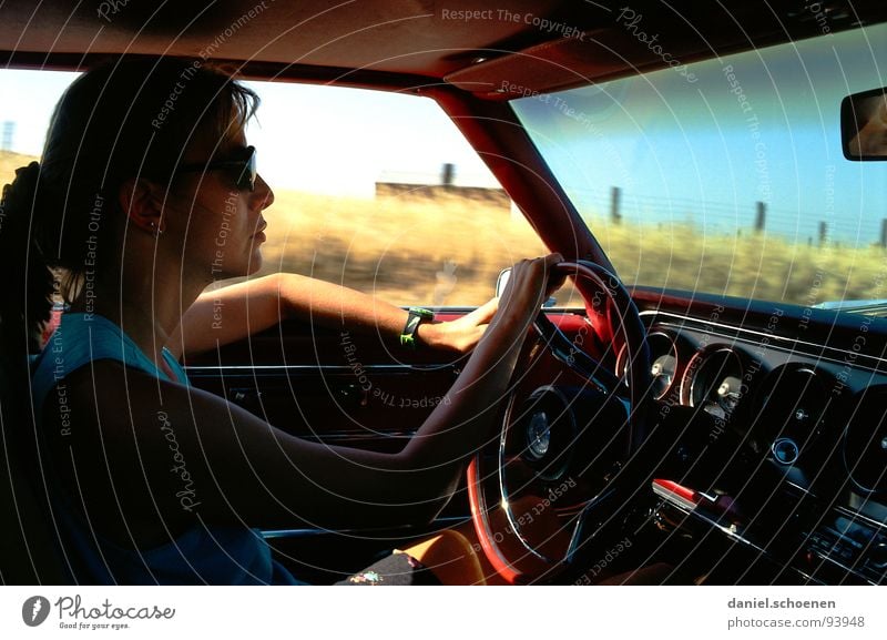 woman at the wheel Motoring Loneliness Empty Background picture Vacation & Travel Wanderlust Red Right ahead Americas Woman Conduct Driving Steering wheel