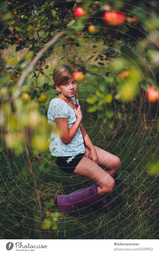 providing childhood memories since the 1930's Fruit Apple Summer Garden Human being Feminine Child Girl Infancy 8 - 13 years Autumn Tree Rubber boots Blonde