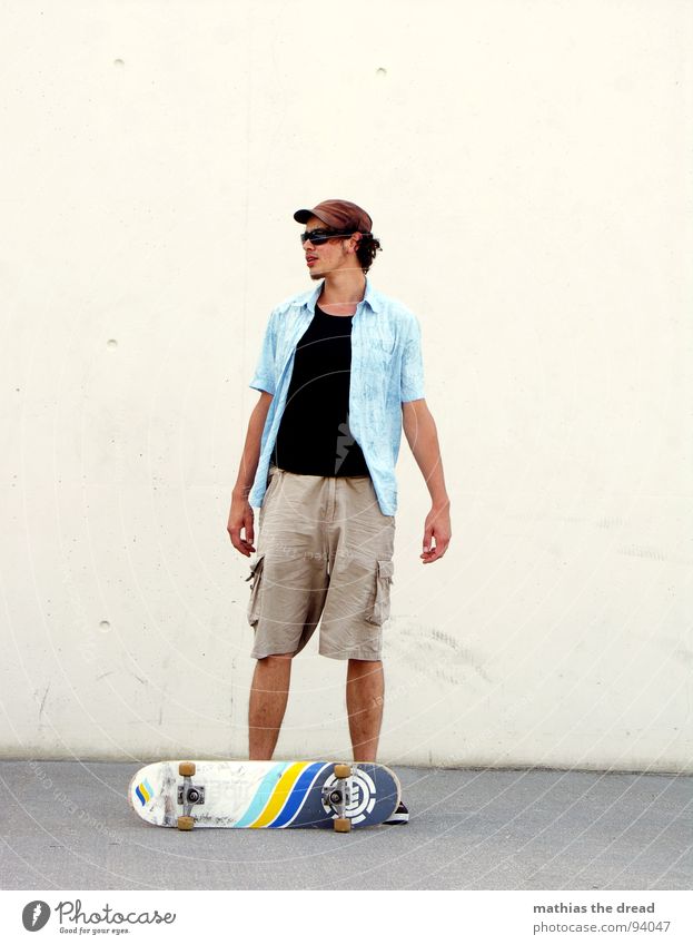 boards that mean the world II Skateboard Man Masculine Search Break Sunglasses Style Summer Sunlight Empty White Wall (building) Gray Lifestyle Easygoing Rest