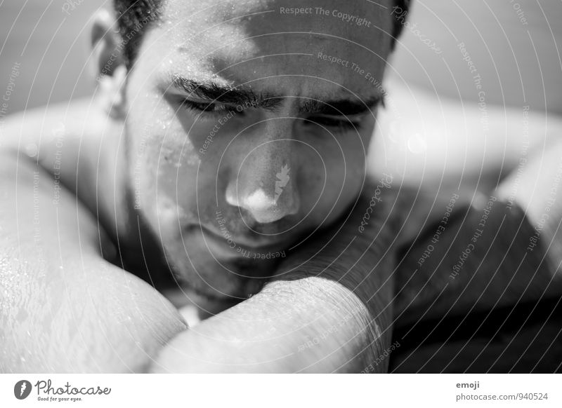 water drops Masculine Young man Youth (Young adults) Face 1 Human being 18 - 30 years Adults Beautiful Muscular Black & white photo Exterior shot Day