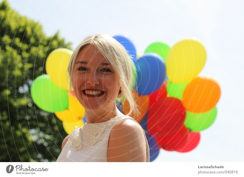 Colourful. Feminine Young woman Youth (Young adults) Face Teeth 1 Human being 18 - 30 years Adults Beautiful weather Tree Cloth Blonde Braids Balloon Breathe